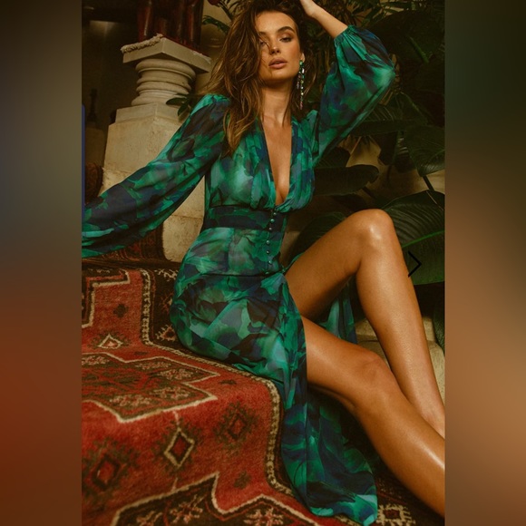 Runway the Label Calista Midi Dress - Green Tropical Pattern, Deep Vee, Buttons - Picture 1 of 11
